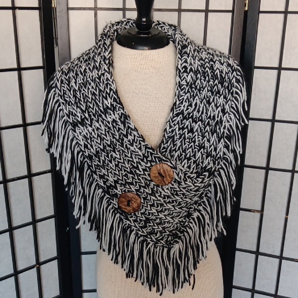 Knit Button Collar/scarf/poncho With Fringe.